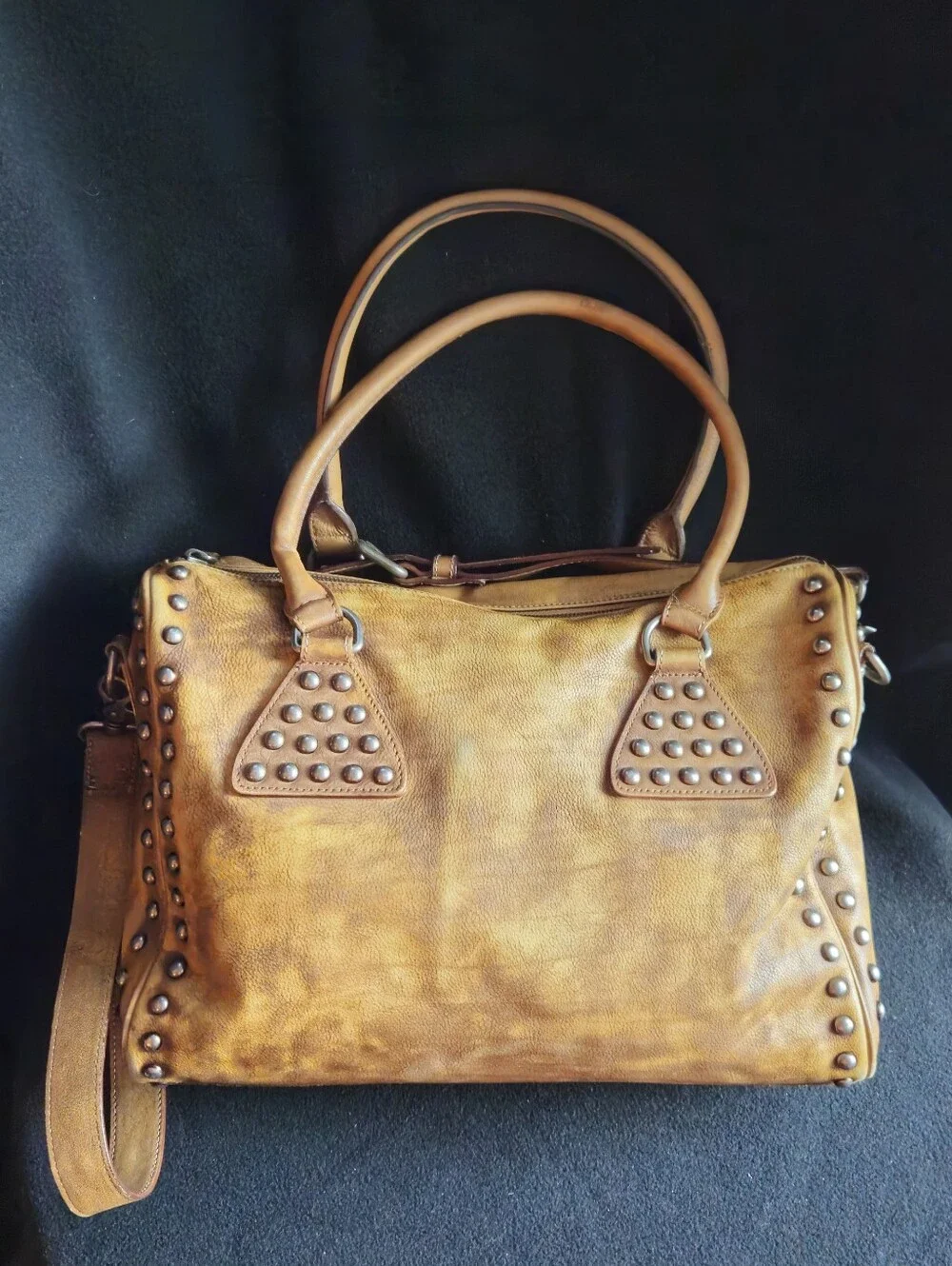 Unbranded Studded Tan Distressed Faux Leather Satchel Handbag w/Crossbody Strap